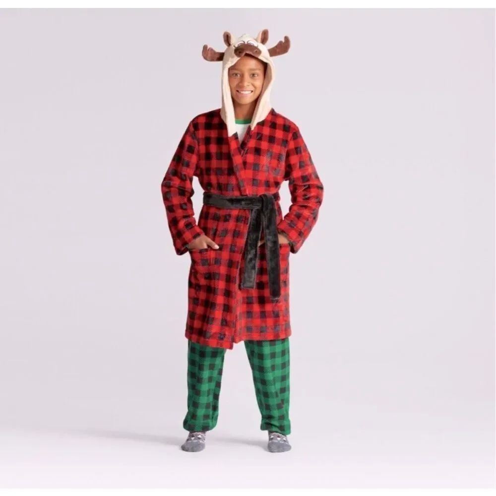 Boys Cat & Jack Moose Reindeer Buffalo Plaid Sleepware Robe - M 8/10
